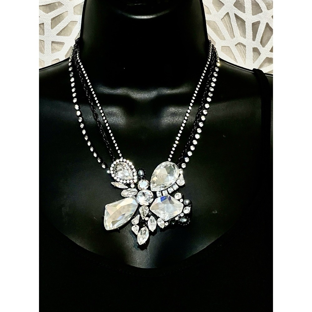 Vintage Crystal Rhinestone Butterfly Necklace Multi Strand Black Clear Statement